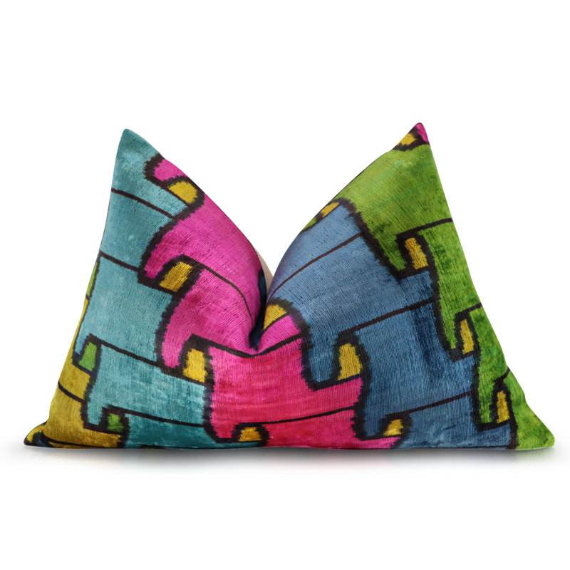 Velvet Rectangular Pillow Cover & Insert, Blue/Pink/Green Geometric 1