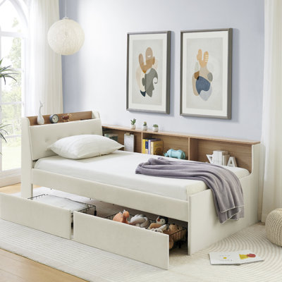 Lit de jour simple en velours avec revêtement beige, tête de lit avec rangement, chargement sans fil, lumières et fonction à DEL, lumières de tiroirs de taille sérénité, espace invitant