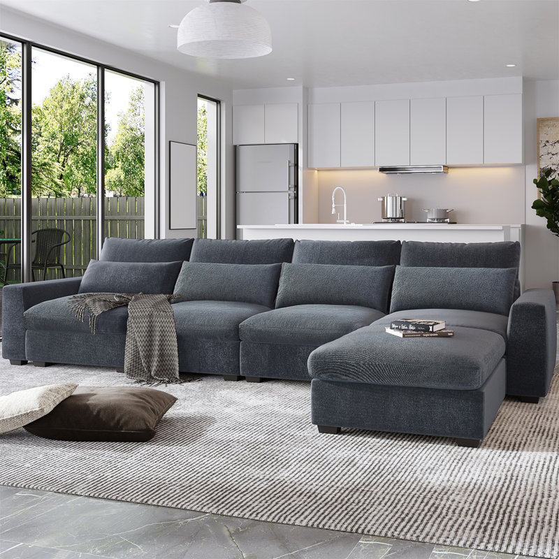 Modern Large L-Shape Feather Filled Sectional Sofa Modern Sofa Comfy Couch Living Room Sofa, Beige Linen