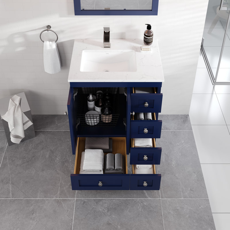 24 po Yena Meuble-lavabo simple avec comptoir en quartz de Carrare et lavabo encastré en porcelaine, Bleu