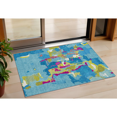 Tapis extérieur lavable abstrait vert turquoise et rose 3 pi x 5 pi
