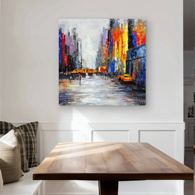 Color Spotted Street with Taxis - Car Blue Metal Print Decor