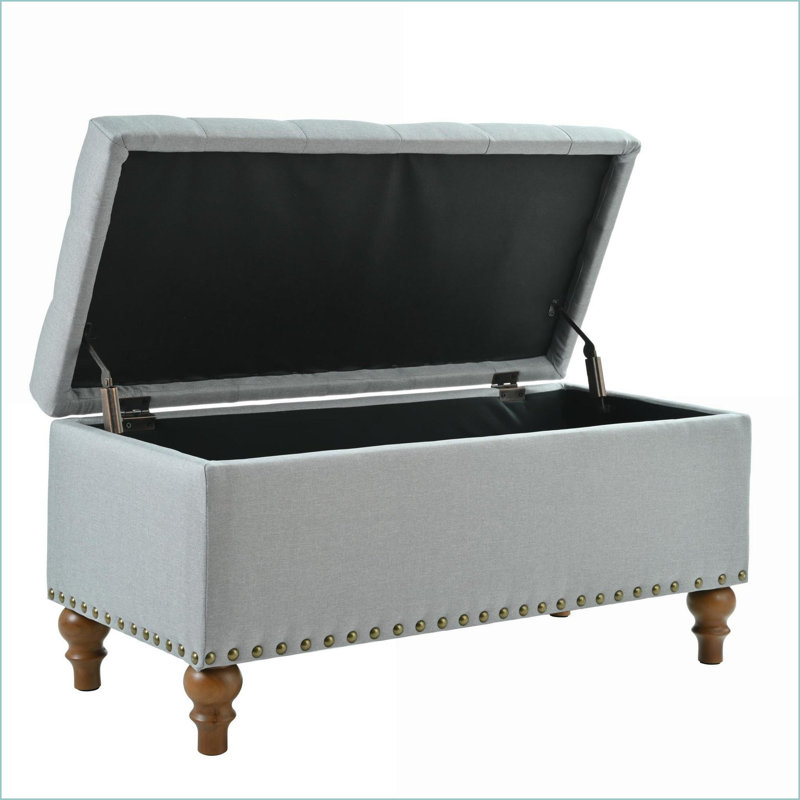 Ottoman Storage Bench with Recessed Hinge &amp; Rivet Trim – Light Gray for Bedroom/Living Room | Walnut Brown | Wood, Gray