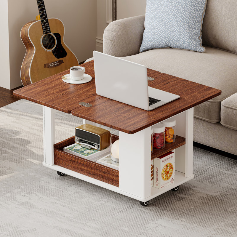 Table basse / d'appoint moderne 27,6 pouces en noyer blanc multifonctionnel - plateau pliable, roulettes et rangement à plusieurs niveaux, meubles décoratifs peu encombrants.