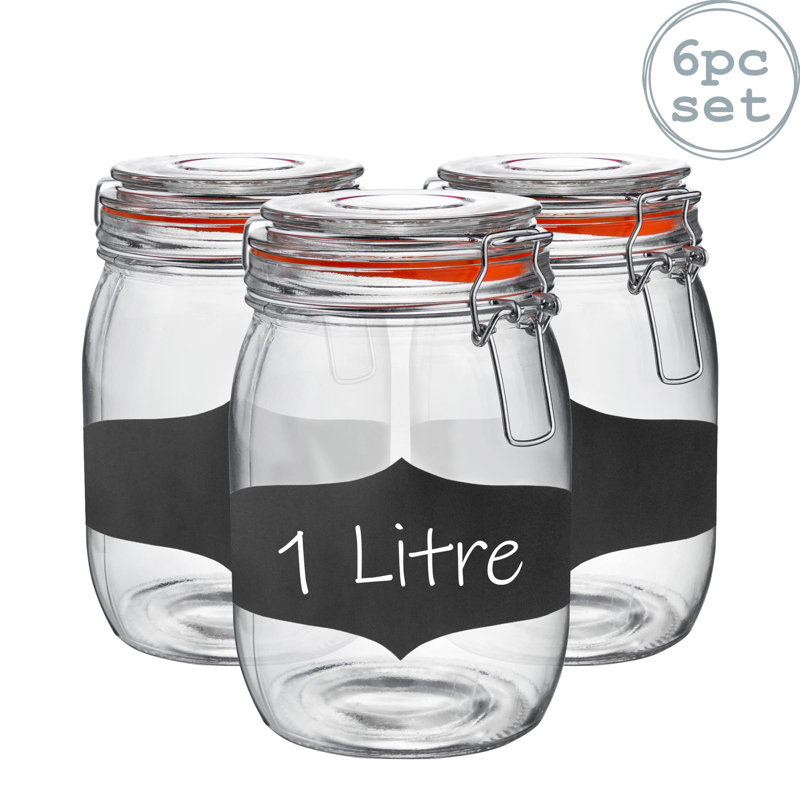 Argon Tableware - Glass Storage Jars with Labels - Set of 6, 17cm H x 10.5cm W x 10.5cm D, Orange/Clear