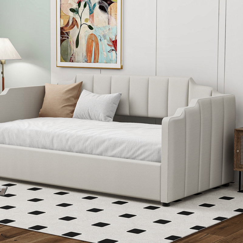 Lit de jour rembourré avec rangement inférieur (lit de jour), Lit simple, Beige
