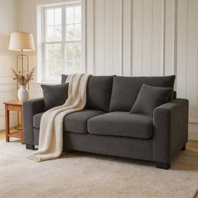 Dark Grey Textured Fabric Loveseat, 69 Inch Two-Seat Sofa with 2 Throw Pillows for Apartment Living Room Office