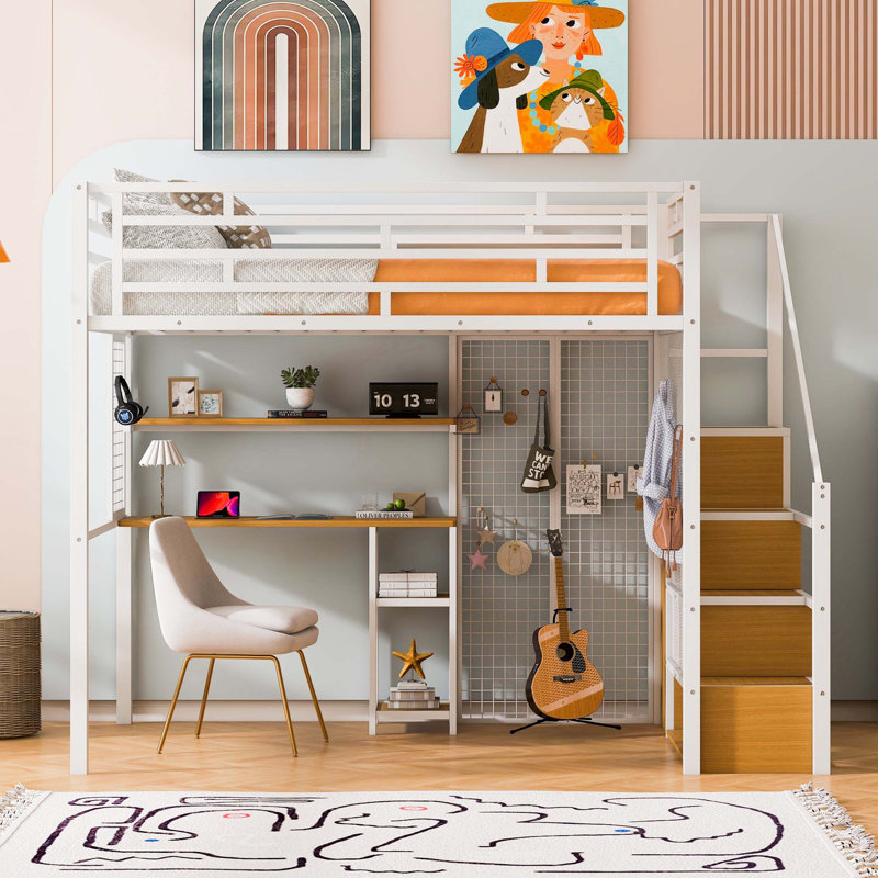 Lit mezzanine double en métal avec garde-robe, bureau, tablettes de rangement, blanc