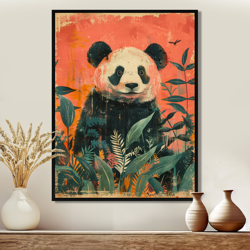 An Panda abstrait en Amazonie II - Art mural animal panda, Cadre flottant noir, bois massif, H 32 po x l 16 po x P 1 po
