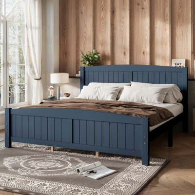 King Size Solid Wood Platform Bed with Support Slats, Strong Structure, No Box Spring Needed, Blue