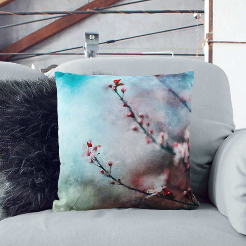 Pale Pink Cherry Blossom Tree Painting Scatter Cushion with Filling, White, 40cm H x 40cm W x 15cm D
