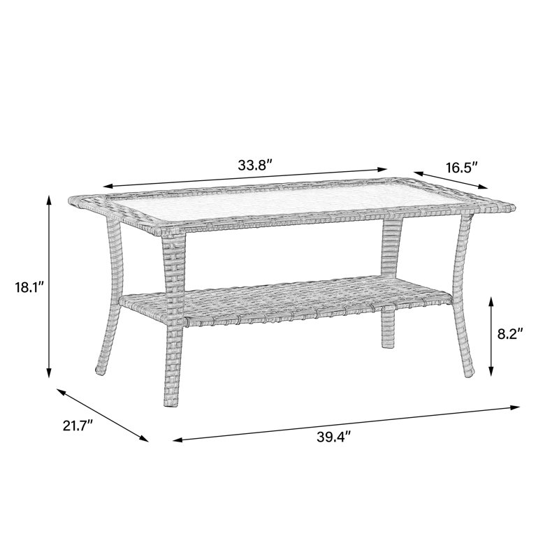 Outdoor Wicker Frame Table With Glass Top, Gray