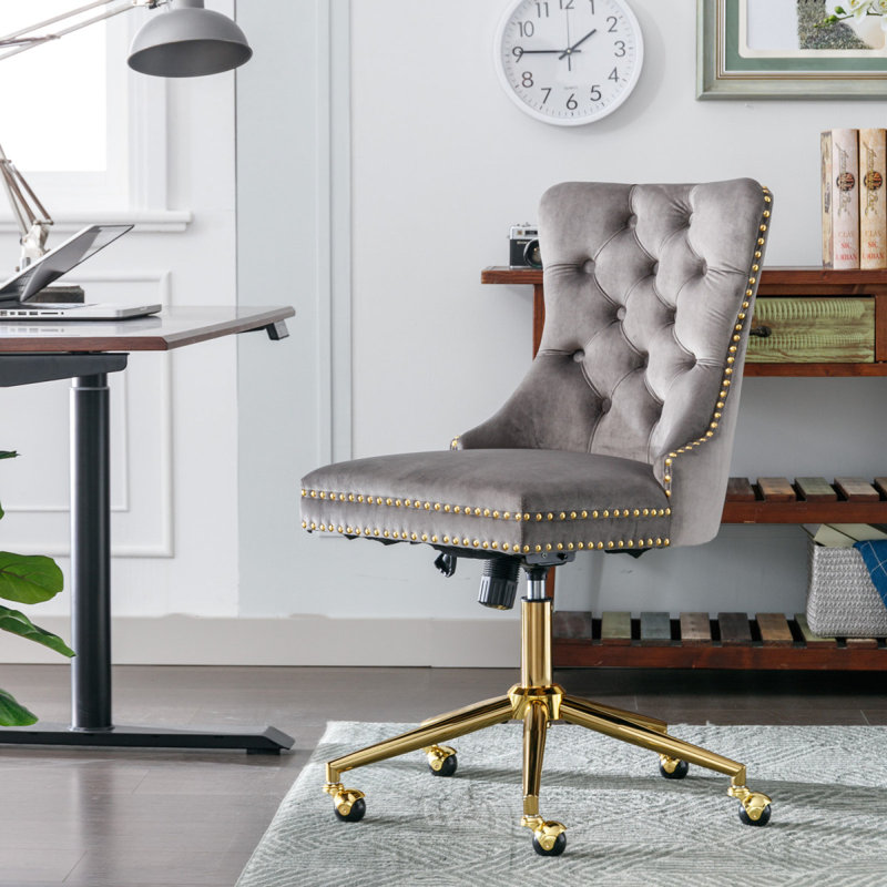 Chaise de bureau, chaise de bureau pivotante rembourrée et capitonnée en velours, Gris