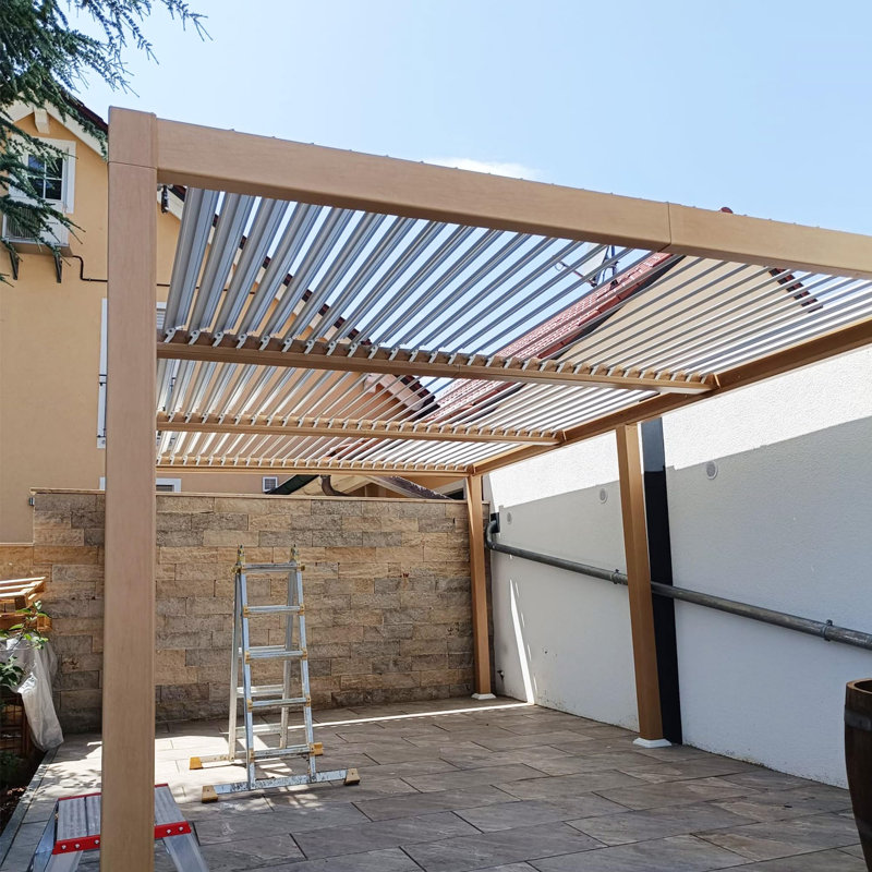 Purple Leaf Adjustable Wood Grain Aluminum Louvered Pergola with String Lights for Patio Deck and Garden
