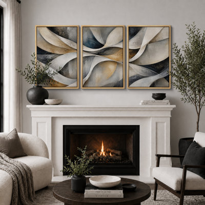 Tableau abstrait à ruban incurvé beige neutre, noir, gris et or, impression giclée sur toile encadrée, ensemble de 3 pièces - 3 pièces