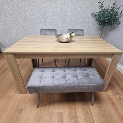 Dining Table and 2 Chairs And Bench Oak Effect Wood Table 1 Grey Velvet Chairs Dining Room