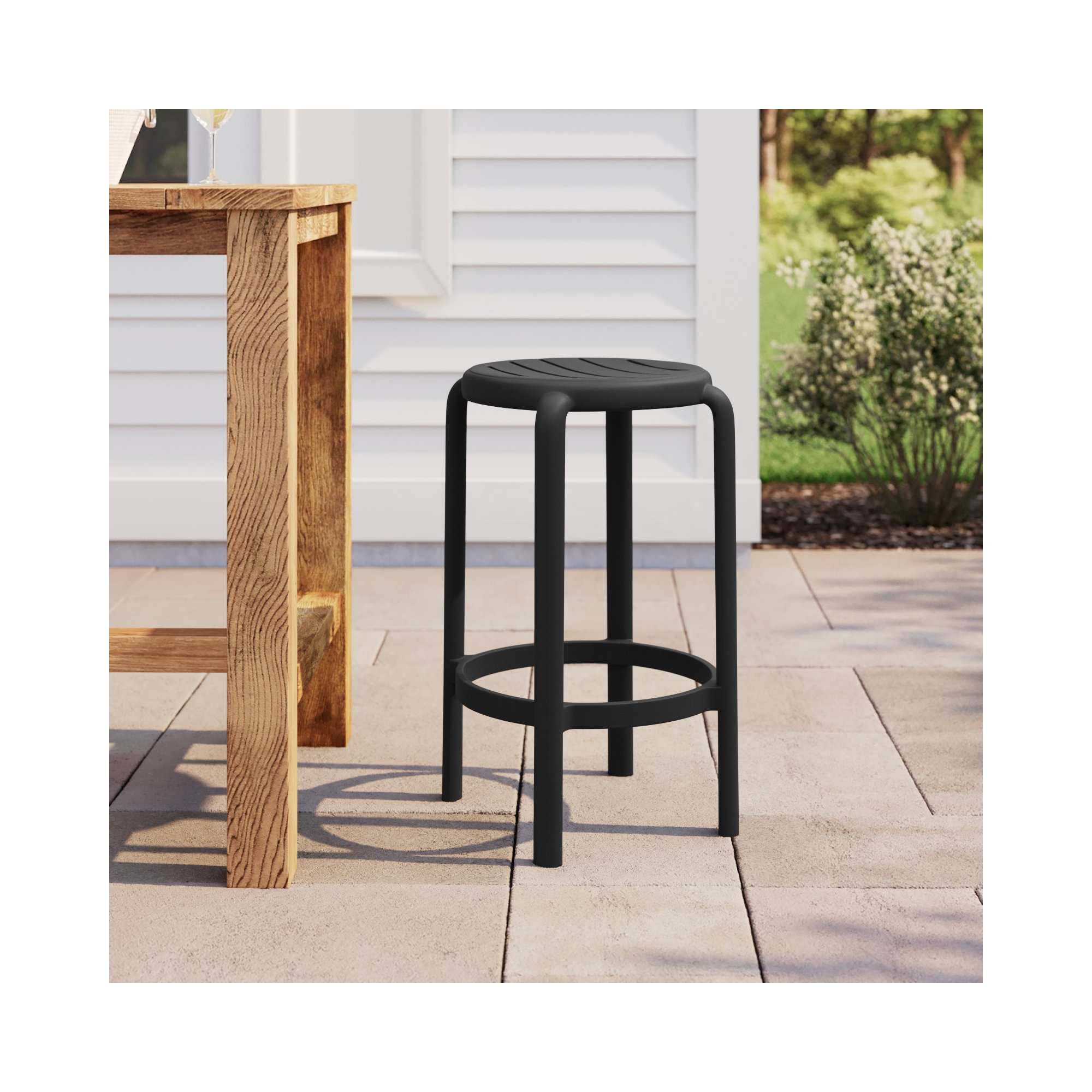 Awan Backless Outdoor Bar Stool, Black, 25.75"