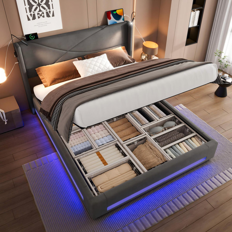 Upholstered Ottoman Storage Bed, Kingsize (5'), Grey
