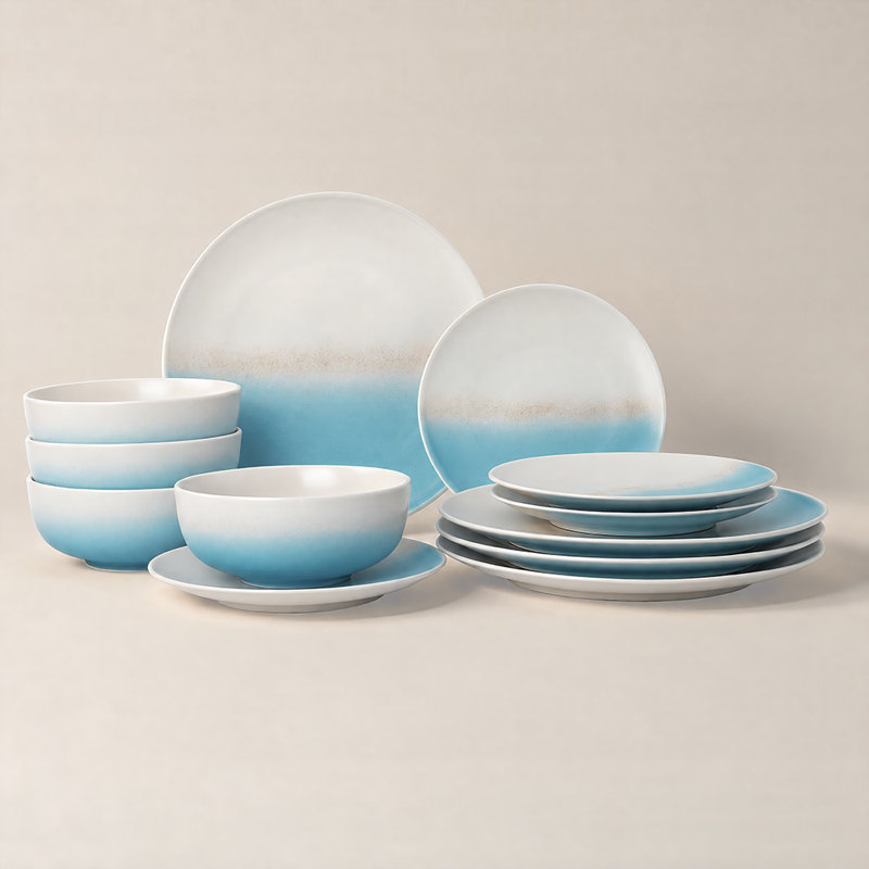 Service de table de 12 pièces en grès avec assiettes et bols, pour 4 personnes, Blue