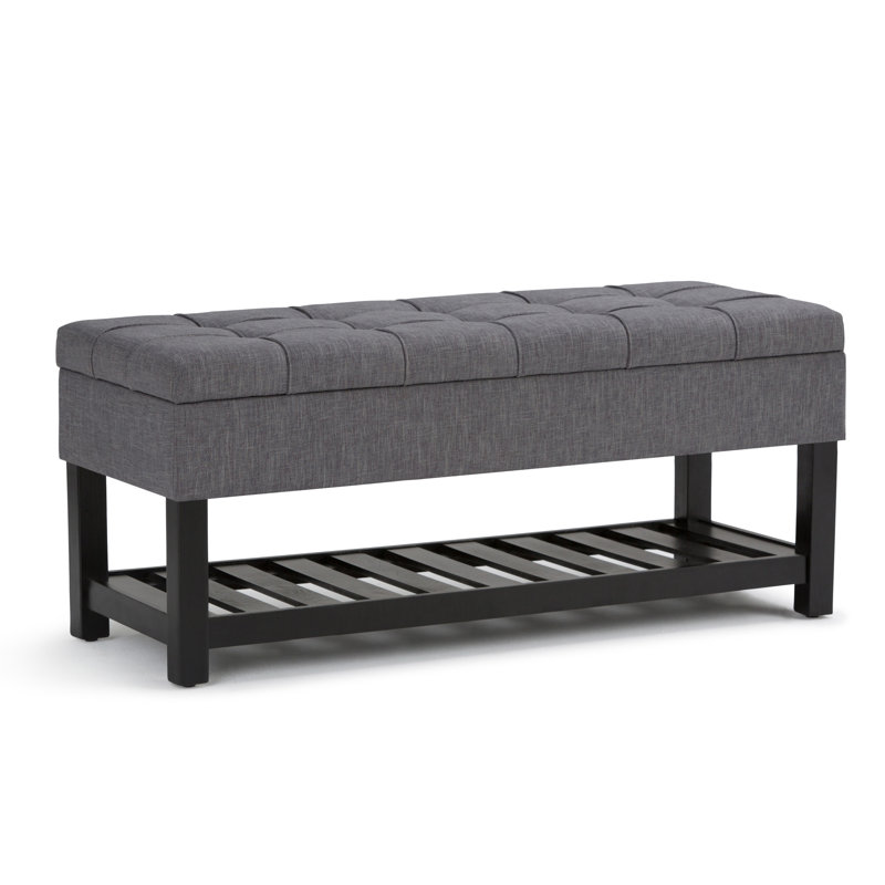 Banc de rangement avec repose-pieds capitonné et tablette ouverte Saxon, Tissu d'aspect lin, Gris ardoise