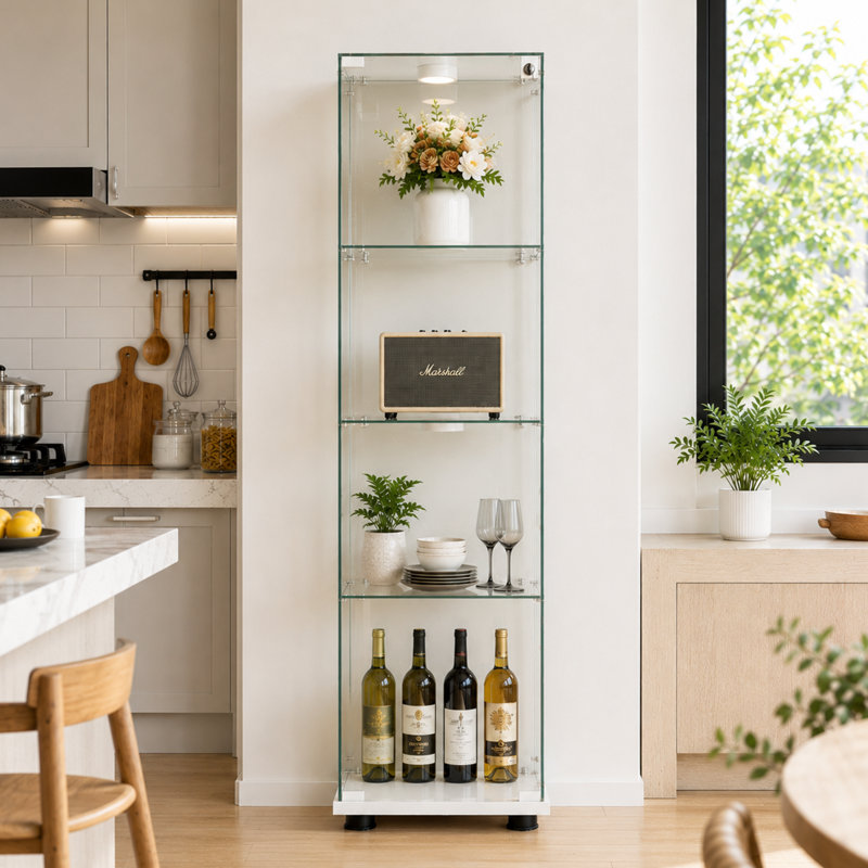Vitrine lumineuse 65 "en verre trempé H 65" avec 3 tablettes, serrure et 12 lumières DEL de couleur, Blanc