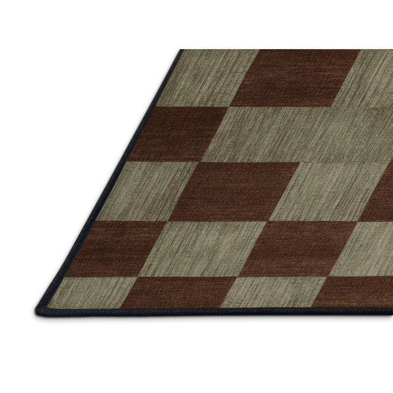 Machine Washable Checkered Brown Area Rug, Rectangle 2' x 3'