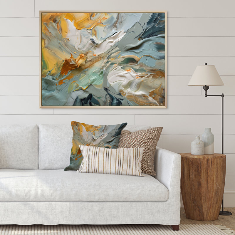"Spring Joy" abstrait en bleu clair et or - reproduction d'art sur toile, H 34 po x l 44 po x P 1,5 po