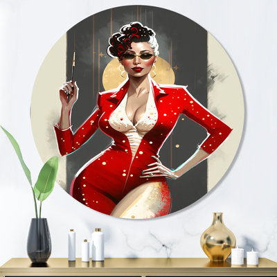 Femme sensuelle en rouge - art mural rond en métal femme sensuelle