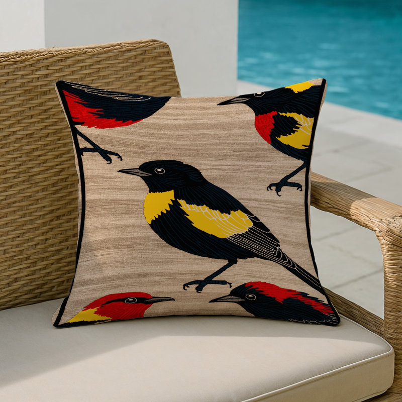 Coussin intérieur et extérieur Birds, Carré 16 po, Merle à ailes rouges