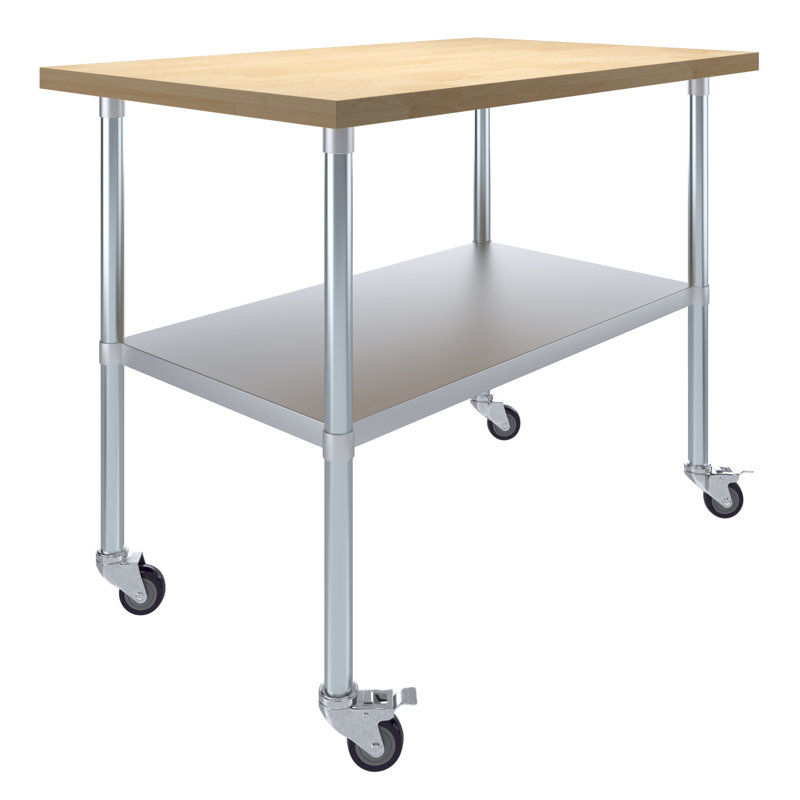 Table de travail roulante H 38 po x L 48 po x P 30 po avec plateau en bois d'érable, tablette réglable et roulettes verrouillables Express Kitchquip