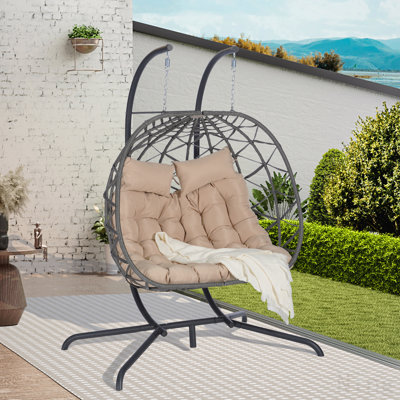 Double chaise à œufs avec support suspendu intérieur et extérieur en osier rotin panier à œufs balançoire chaises hamacs avec coussins résistants aux rayons UV 600 lb pour balcon de chambre