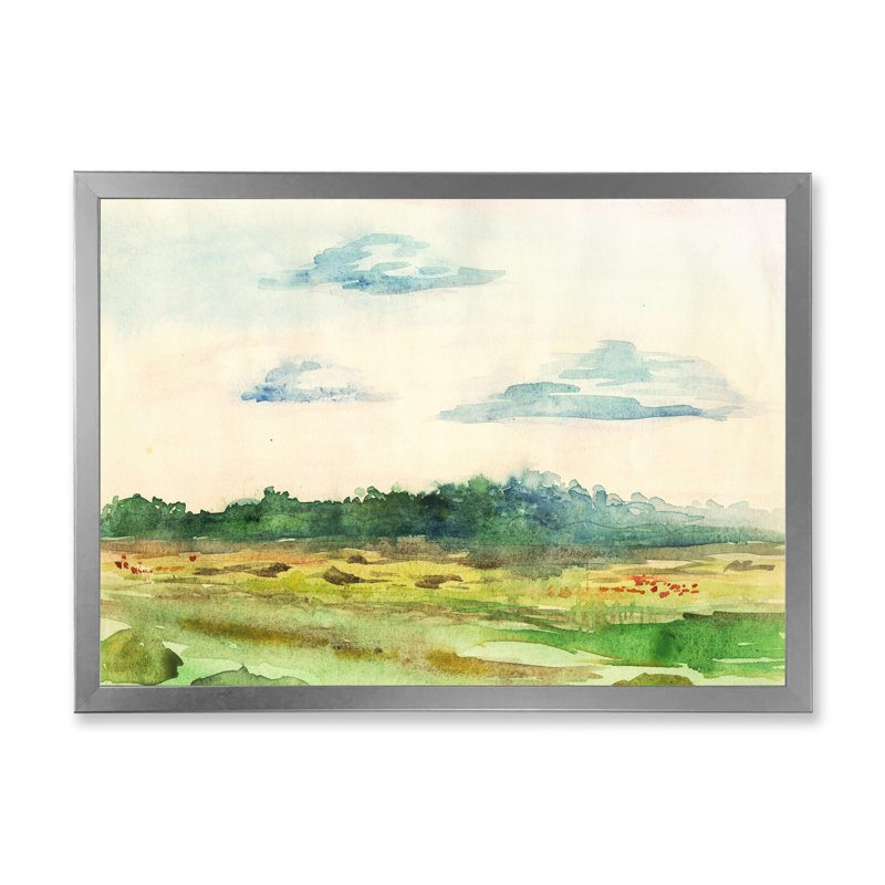 «Green Blossoming Summer Landscape», peinture sur toile, H 30 po x l 40 po x 1,5 po, Toile avec cadre argenté