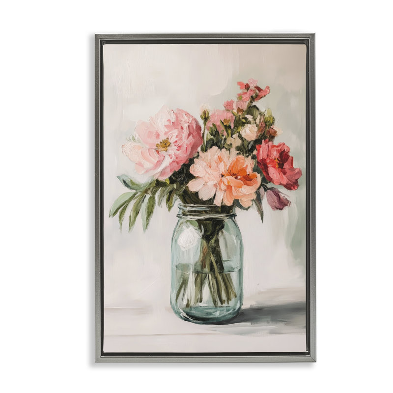 Tiges de fleurs roses dans un cadre flottant en pot, design par Petal Prints Design, 31 x 21, Lustre Grey Floater Framed