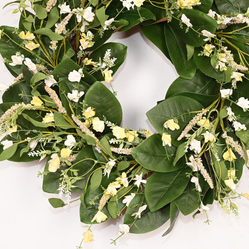 Couronne de 22 po Magnolia artificielle avec couronne de fleurs, verdure, feuillage, baies, printemps et été, Jaune
