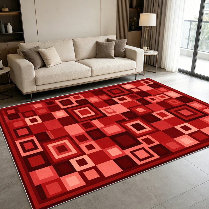 1PC Burgundy Geometric Square Patchwork Mosaic area rugs for Living Room, Soft and Comfortable, Suitable for all seasons, easy-to-maintain, machine washable Indoor floor mat, Under Table Farmhouse suitable for dining room, bedroom, home office,