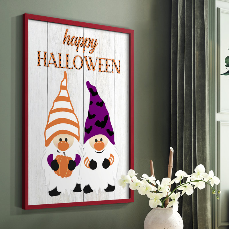 Reproduction encadrée d'Halloween gnomes - bois massif, Rouge, H 10 po x l 8 po