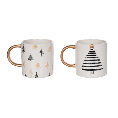 Dolomite Black and Gold Christmas Tree Coffee Mug 2, Black, Ceramic, Set of 2, Table, Kitchen, Christmas, Drinkware