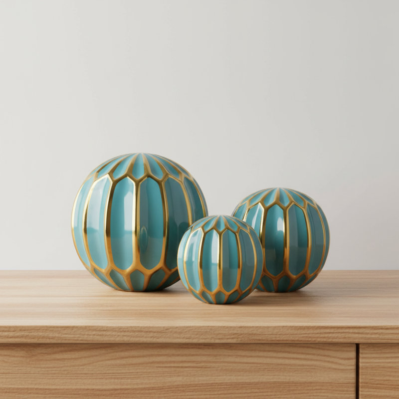 Decorative Objects for Home Decor – Glossy Ceramic Orbs Sculpture and Statues for Shelf Styling, Kitchen Decor, or Modern Decorations for Living Room – Set of 3