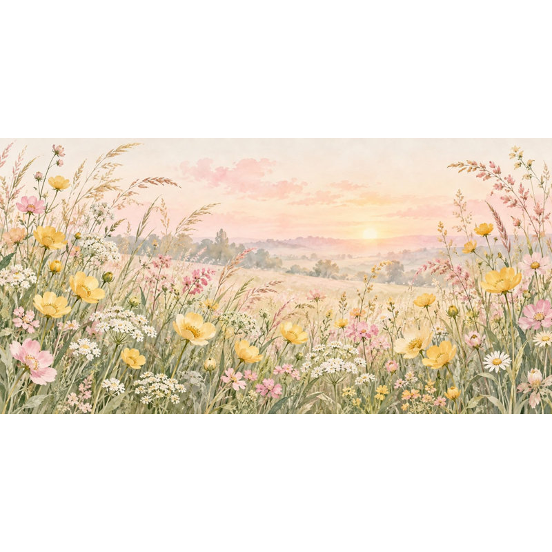 Golden Sunset Wildflowers Wallpaper Mural, Peel and Stick Kids Room Wall Mural, Watercolor Flower Garden Nursery Wallpaper