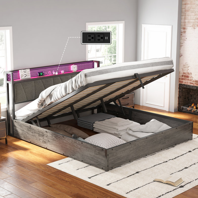 King Size Rustic Grey Linen Upholstered Metal Frame Bed with LED Storage Headboard