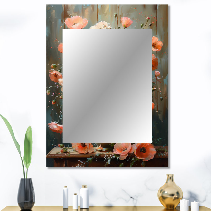 Pink Grey Poppies flowers still life Charm III - Poppies Decorative Wall Mirror, Traditional Mirror, Printed Metal Art