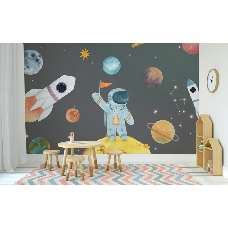 Papier peint fusée Space Astronaut Rockets pour enfants en gris foncé, L 115 po x l 225 po