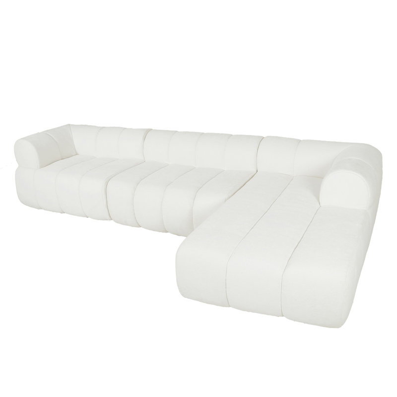 L-Shaped Upholstered Sectional, Beige Polyester
