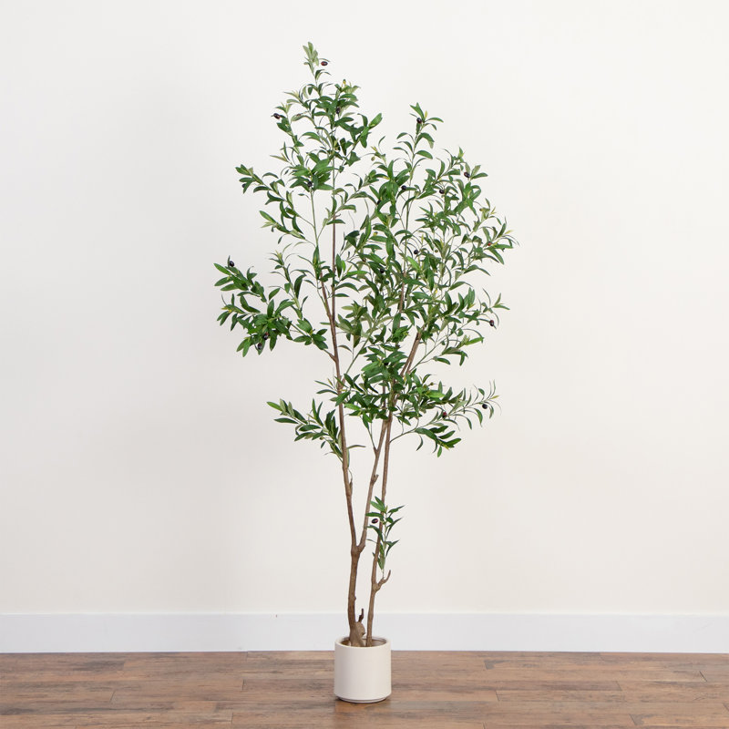 Olive artificielle minimaliste avec pot de fleurs décoratif blanc, H 84 po x l 26 po x P 26 po