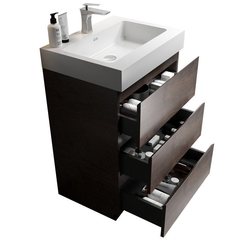 Meuble-lavabo 24 po en noyer de style moderne autoportant, grand espace de rangement, lavabo blanc, glissières de tiroir silencieuses, rangement pré-assemblé à l'intérieur,