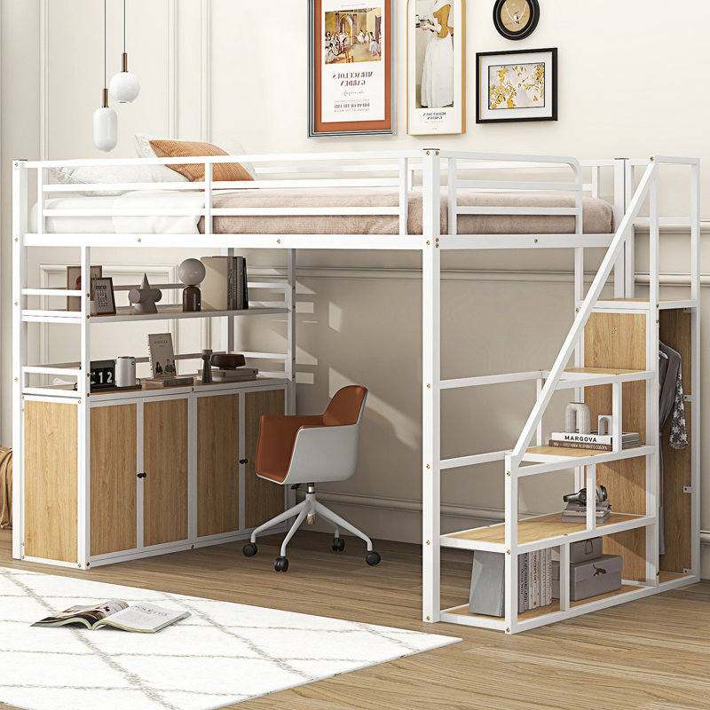 Lit mezzanine double en métal avec escalier de rangement et garde-robe, Blanc / Naturel