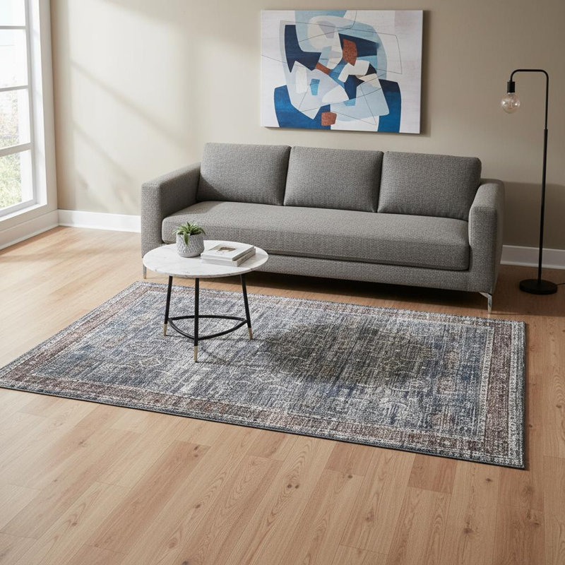 Tapis oriental rectangulaire en polyester tissé à la machine bleu Janlyn, Rectangle 5 pi 4 po x 7 pi 7 po