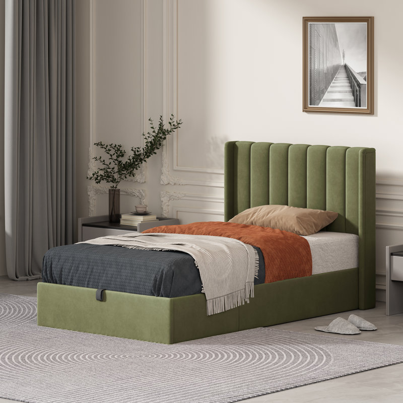 Lit plateforme avec rangement Daizia, Simple, Pistache