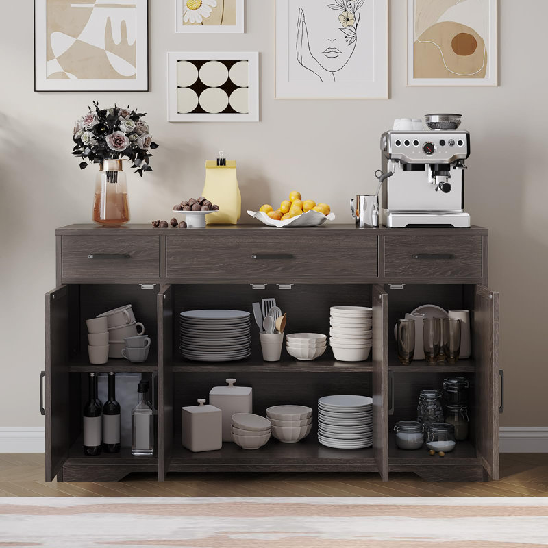 Buffet de style campagnard moderne avec 3 tiroirs et 4 portes, tablettes réglables, Noir