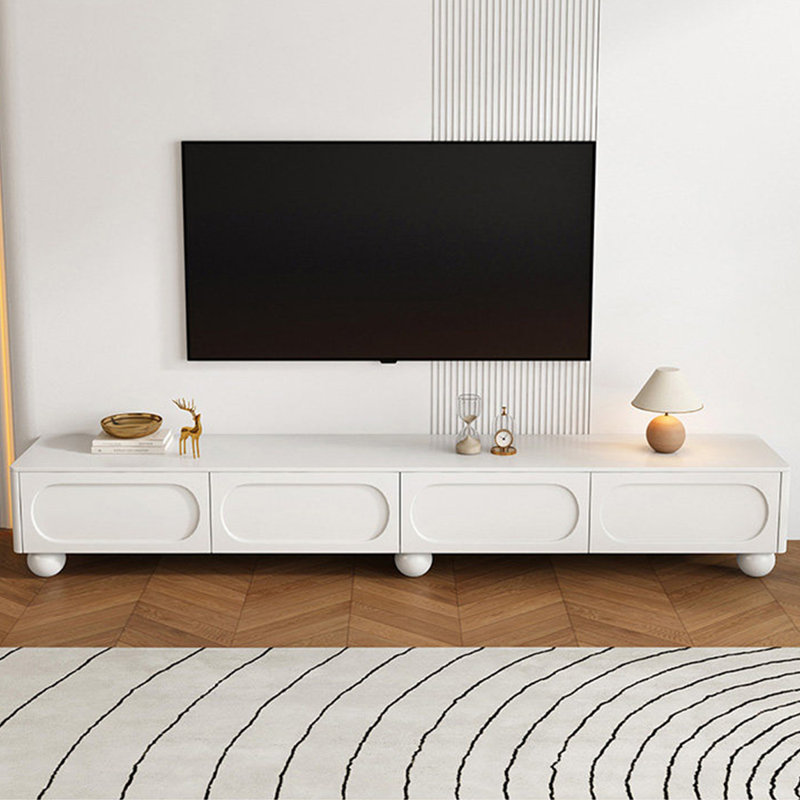 Meuble télé moderne en bois manufacturé blanc, H 18,11 po x L 86,61 po x l 15,75 po